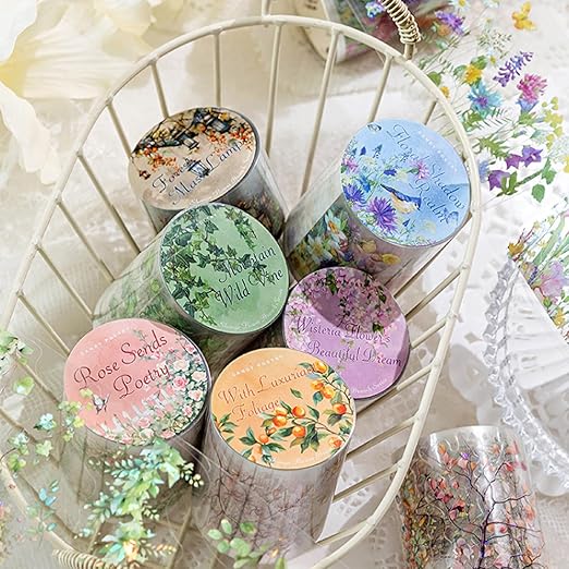PET Tape Stickers for Journaling 6 Rolls Pre-Cut Flower Washi Tape Stickers Decorative Tape for Crafts Scrapbooking Junk Journal Supplies, Flower Branch