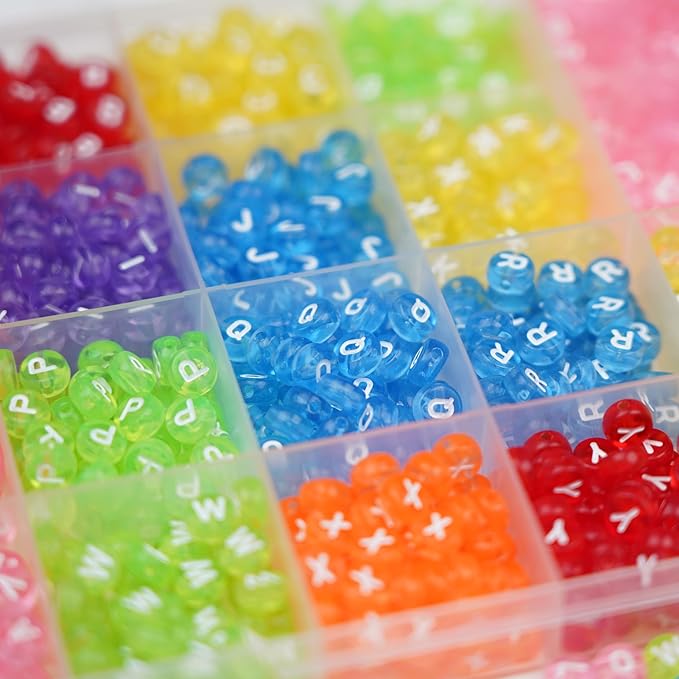 Melius Acrylic Clear Color Letter Beads, 1450 Pcs 4x7mm Transparent Colorful Round Alphabet and Heart Beads in 28 Grid Box for Jewelry Making, DIY Bracelets, Necklaces, Key Chains, Bracelets