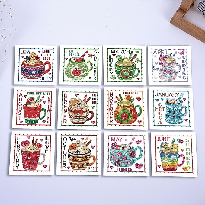 YOKUSHI 12 PCS Monthly Diamond Art Painting Greeting Cards, 12 Month from Jan - Dec Craft DIY Card Making Kits for Adults Gifts (Month)