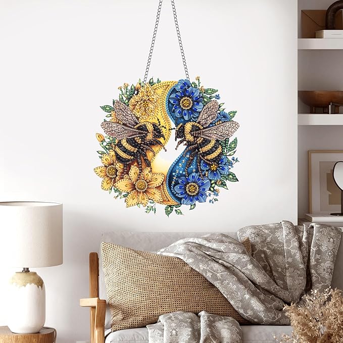 Pavemlo Hanging Diamond Art Kits for Adults Bees – 8x8 Inch Double-Sided Acrylic Board DIY Crystal Diamond Suncatcher Pendant, Sparkling Home Wall or Window Decoration Handmade Gift
