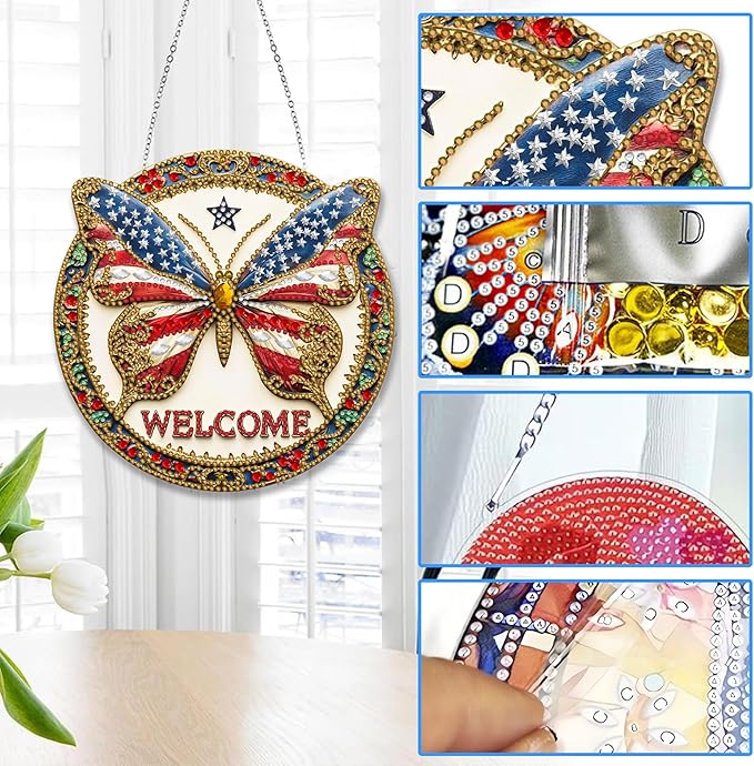 Reofrey Hanging Diamond Art Kits for Adults– 8x8 Inch Butterfly Acrylic Board Double Sided Pattern Diamond Painting Suncatcher Pendant, DIY Crystal Art for Home Wall or Window Decoration Handmade Gift