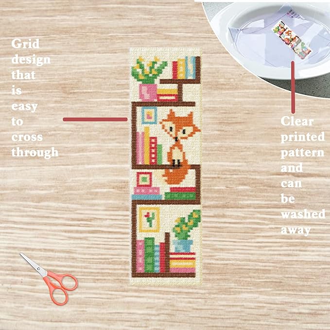 FREEBLOSS 6 Set Cross Stitch Bookmark Kits Fox Bookshelf Pattern Stamped Embroidery Kit Stitch Bookmarks DIY Book Marks Printed Cross Stitch Kits with Instructions for Beginners Adults, 8''x2.4''