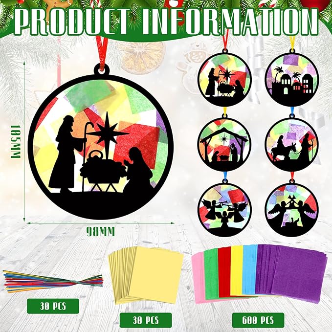 AmazingSpark 30 Pcs Christmas Nativity Ornaments Crafts Kits Bulk Christian Nativity Suncatchers Art Xmas Birth of Jesus DIY Stained Glass Effect Tissue for Religious Church Classroom Activities Party