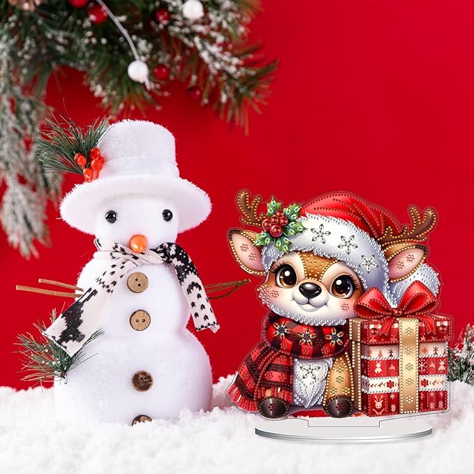 VODAPYC Christmas Reindeer Diamond Art Tabletop Painting Kit, DIY Stand Up Double Sided Special Shaped Diamond Painting Desktop Ornament(Christmas Reindeer)