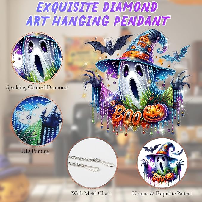 GAYISIC Diamond Art Hanging Kit for Adult, Double Sided 5D Acrylic Diamond Art Painting Window Pendants，DIY Acrylic Diamond Art Painting Window Pendants Home Garden Wall (Halloween Ghost)