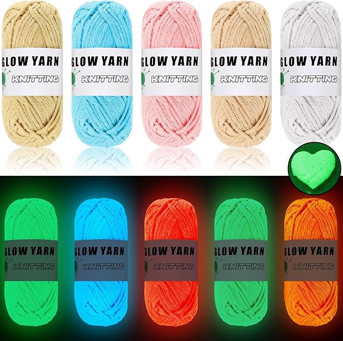 WILLBOND 5 Rolls Glow in The Dark Magic Yarn Luminous Neon Crochet Yarn for Crocheting DIY Knitting Glow Fingering Sewing Supplies for Crafts Sewing Party 54.7 yd Per Roll (Retro Colors)