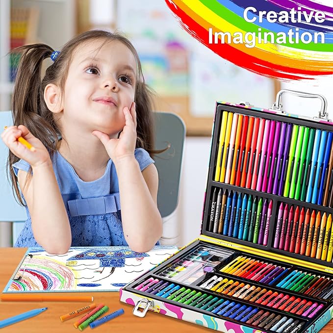 Art Supplies, 180 Pack Drawing Painting Set for Kids Girls Boys Teens, Coloring Art Kit Gift Case with Clipboard, Coloring Papers, Oil Pastels, Crayons, Colored Pencils, Watercolor Cakes, Markers