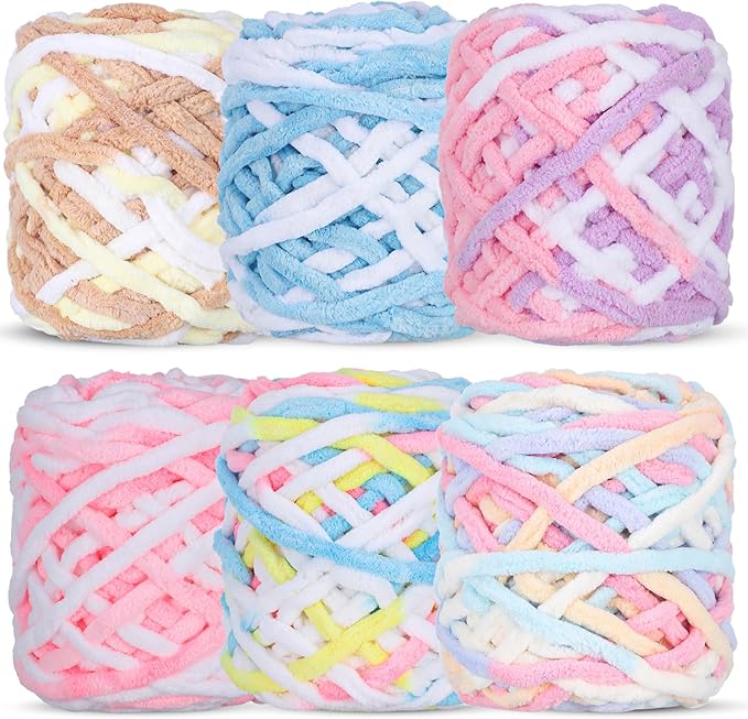 WSICSE Chenille Fluffy Yarn, Thick Chunky Blanket Yarn for Crocheting Plush Soft Yarn for Knitting Blanket DIY Easter Gifts, 6×100g Each 3.5 oz 55 Yards(Multicolor)