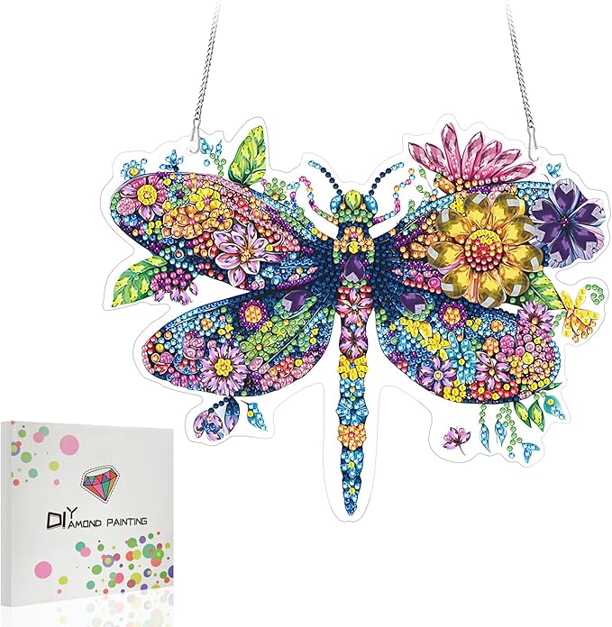 Koikify Diamond Painting Hanging Ornament, Floral Dragonfly Diamond Art Pendant with Double-Sided Pattern DIY Crystal Rhinestone Craft for Home Decoration and Gifts