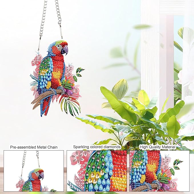 AiYuanzsh Animal Parrot DIY Acrylic Diamond Art Painting Pendant Kits Special Shaped Rhinestone Round Diamond Art Window Pendants Home Garden Wall Hanging Kits Home Wall Decor Gift