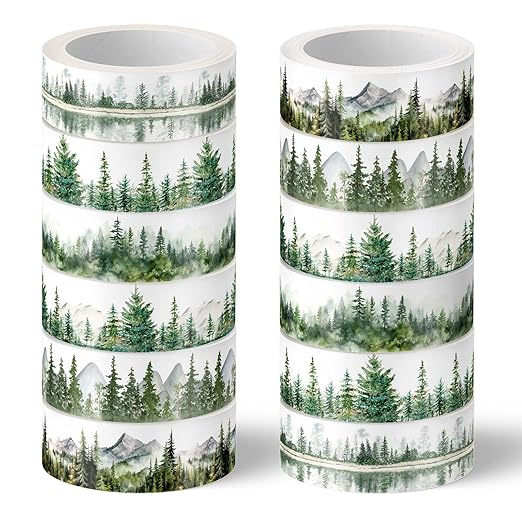 Whaline 12 Rolls Forest Washi Tape Greenery Washi Tape 6 Designs Assorted Nature Green Tree Masking Decorative Tape for Scrapbook Journal DIY Art Craft Gift Wrapping Supplies