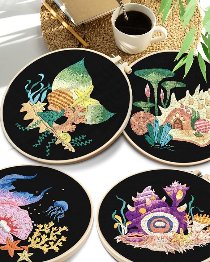TINDTOP 4 Pack Embroidery Kit for Adult Beginners, Embroidery DIY Starter Kit, with Ocean Shell Stamped Patterns, Hoop, Tools, Colorful Threads with Needles, Instructions