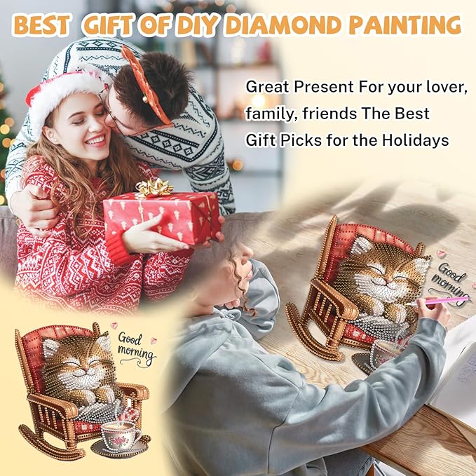Cat Diamond Art Hanging Kits for Adults, Diamond Art Suncatchers Good Morning Cats, 5D Special Shape Diamond Painting Pendant Window Ornament Gifts for Home Wall Door Garden Decor