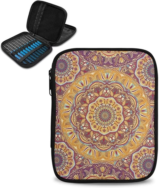 Hechitok Mandala Orange Crochet Hook Case Without Hooks and Accessories Zipper Storage Organizer Bag with Web Pockets for Various Crochet Needles Accessories Crochet Hook Kit Tools