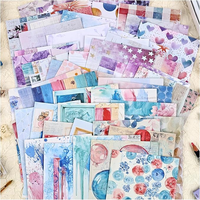 100 Sheets Watercolor Scrapbook Paper for Scrapbooking, Purple Collage Background Decorative Paper for Journaling, Junk Journal Supplies, Scrap Book, Decoupage, 3.9 x 5.5"