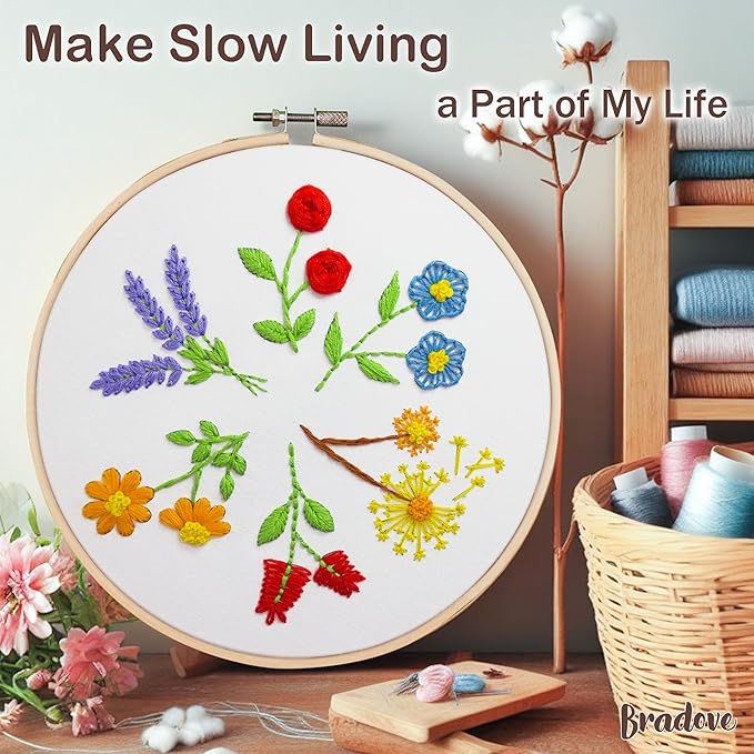 bradove 3 sets leaves and flowers embroidery kit for beginners, beginner embroidery kit for adults, learn to embroider kit adult beginner, stitches kit
