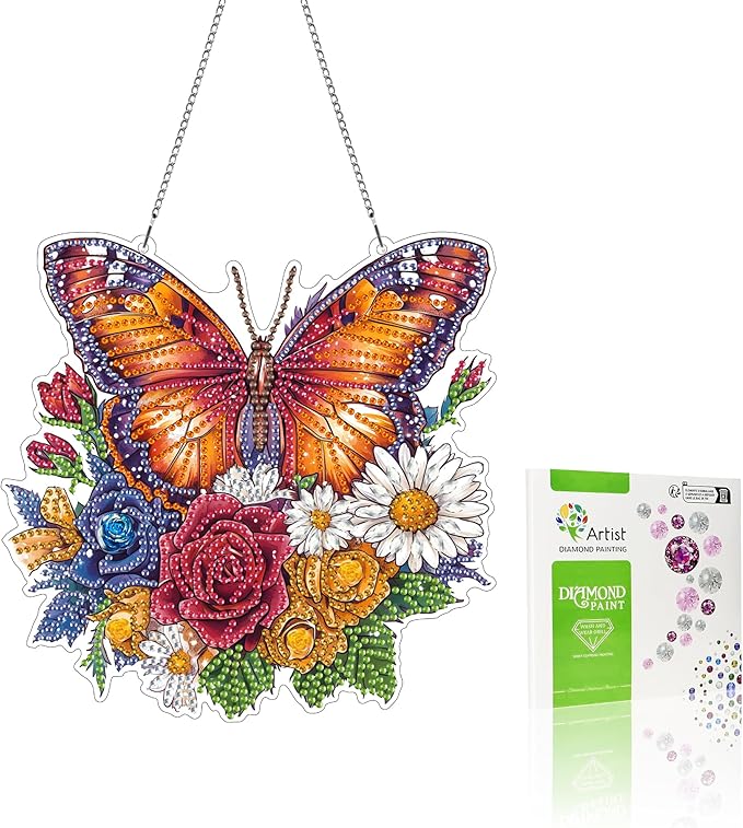 VAIIEYO Butterfly Diamond Art Hanging Ornament, Flower Diamond Painting Suncatchers Window Hanging Kit with Chain, 7.5x7.5 inch Crystal Pendant Art Craft for Gift Home Wall Front Door Decoration