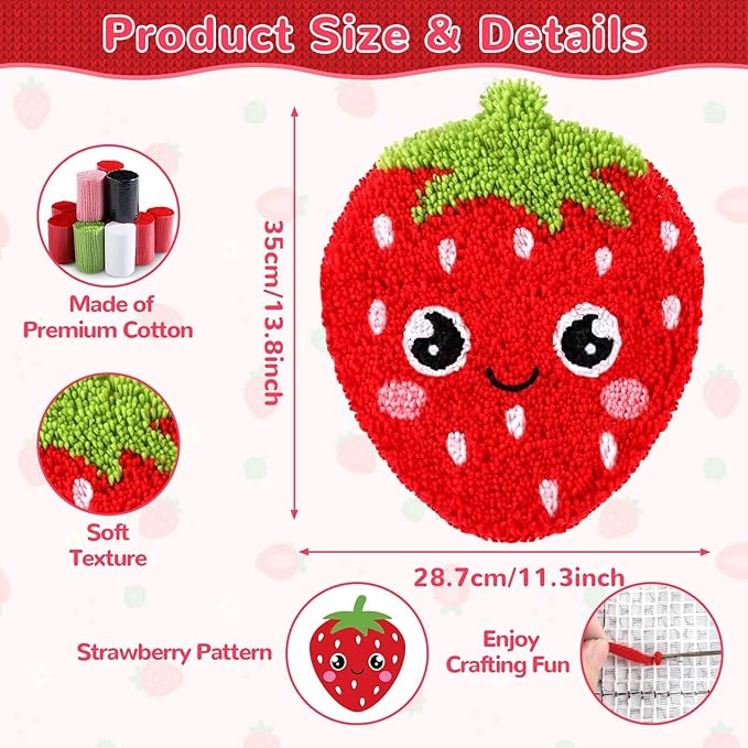Strawberry Latch Hook Mini Rug Kit Strawberry DIY Valentine Craft for Kids Adults Beginner Making Your Own Crochet Carpet Printed Canvas Yarn Rug Hooking Kit Cross Sewing Christmas Gift for Home Decor