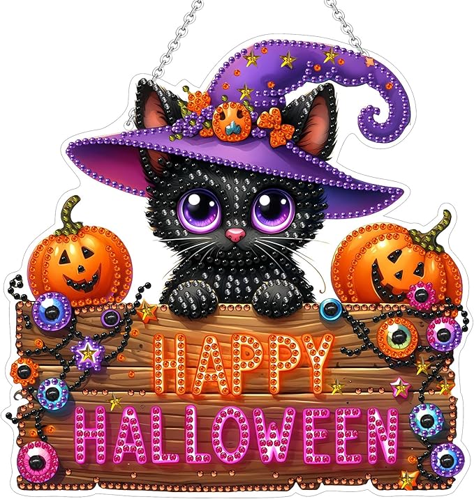 WEUOPG Halloween Diamond Art Hanging Kit for Crafts, DIY Acrylic Diamond Art Painting Window Pendants Home Garden Wall Hanging Kits, Double Sided Hanging Ornament