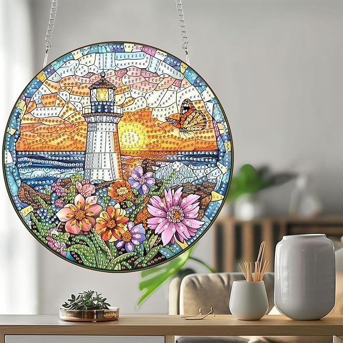 Bimkole Lighthouse Diamond Art Hanging Kit for Adult, DIY 5D Diamond Art Flower Window Pendant, Acrylic Crystal Art Hanging Ornament Home Wall Garden Front Door Sign Outdoor Decor 7.8x7.8 Inch