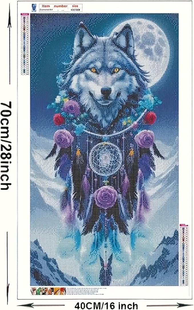 KUFWKEY Dreamcatcher Diamond Art,Wolf Diamond Art Kits for Adults, Full Round Drill Diamond Painting Kits,Animal Diamond Mosaic Art for Adults,Home Decor,Large Size,16x28 inch