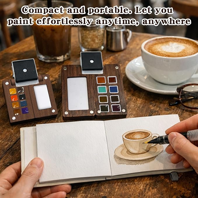 Mini Watercolor Travel Paint Set - 3.7in Mini Watercolor Palette Kit, Pocket Water Color Palette Kit with 18 Colours Paint, Sketchbook, Pens, Wooden Paint Box for Painters Artists Students