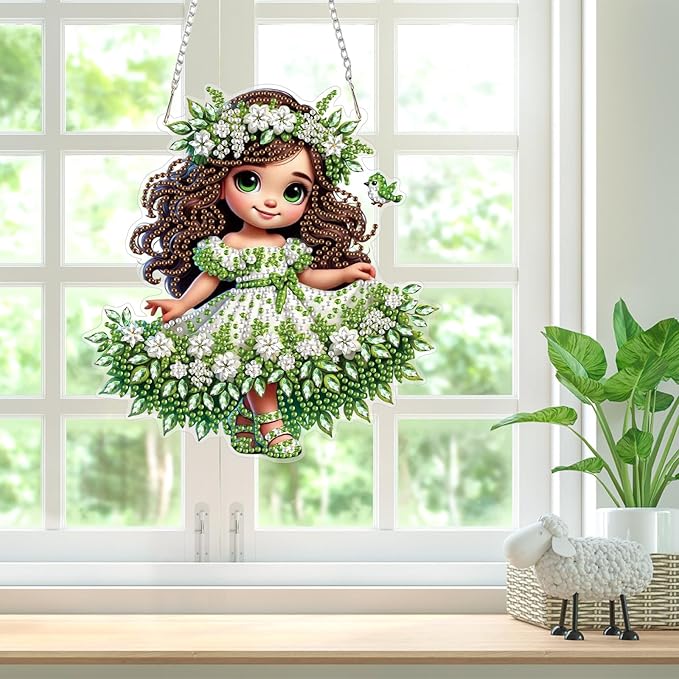 Bowetile Forest Fairy Diamond Art Hanging Kits for Adults, Diamond Art Suncatchers Cartoon Girl, 5D Special Shape Diamond Painting Pendant Window Ornament Gifts for Home Wall Door Garden Decor