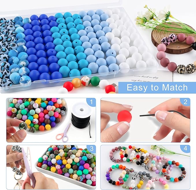 150Pcs Mixed Color 15mm Silicone Beads for Keychain Making, White Blue Leopard Print Silicone Beads for Pens and Bracelet Jewelry Making
