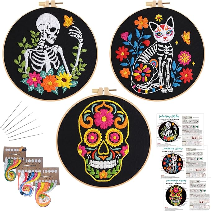 louise maelys 3 sets halloween embroidery kits for beginners,cross stitch kit for adults,diy starters needlepoint with skull flowers pattern,including instruction