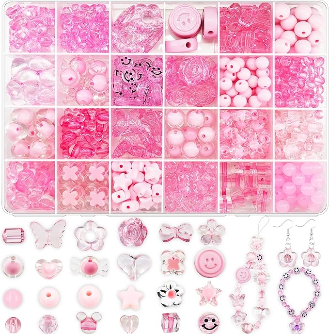 465Pcs Pink Series Acrylic Assorted Beads Flower Heart Star Smile Butterfly Mickey Candy Beads Pastel Beads Plastic Beads Cute Bead Round Beads Bulk for Bracelets Jewelry Making Necklaces DIY Crafts