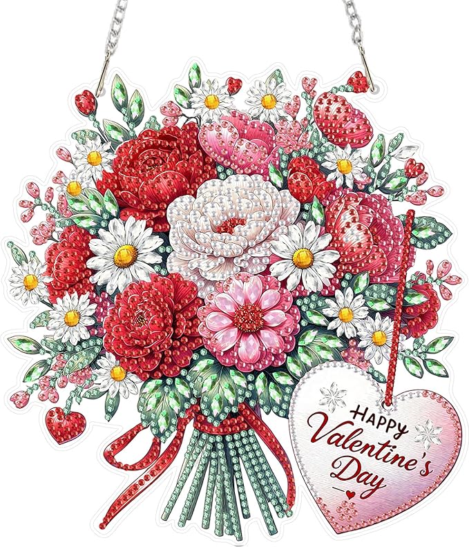 MEIYUDA Valentine's Day Hanging Diamond Art Kits for Adult, Flowers Diamond Painting Hanging Kits Ornaments, DIY Special Shaped Rhinestone Window Pendants kit for Home Garden Wall Decor Gift