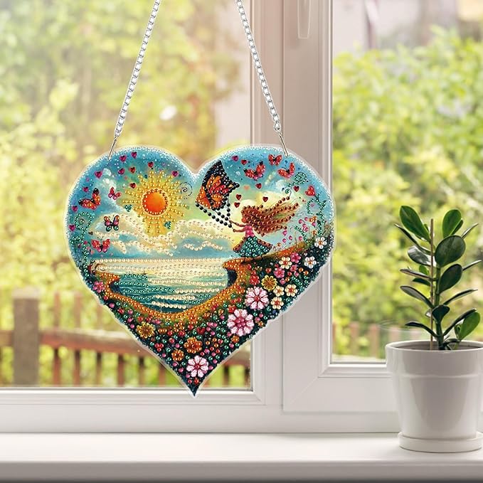 HEIBAGO Diamond Art Hanging Kits for Adults Kids, Hanging Diamond Art Beach Heart Shape, 5D Special Shaped Crystal Diamond Painting Kit, DIY Pattern Window Pendant for Home Wall Decor 8.3x8.3Inch