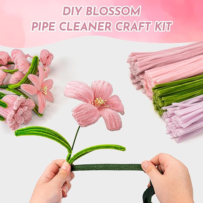 Upgraded 2026 Pipe Cleaners Craft Kit: 400-Piece DIY Flower Making Supplies with Exclusive Color Palette | Includes Chenille Stems, Floral Wire, Gardening Tape, Stamen & Ribbon for Kids Arts & Crafts