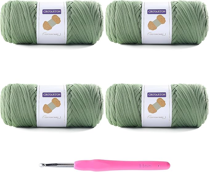 4 Pack Tshirt Yarn for Crocheting, Elastic T Shirt Spaghetti Thick Knitting Yarn Total Length 260 Yds for Crochet Bag Baskets Home Decor with 1 Crochet Hook (4-Avocado Green)
