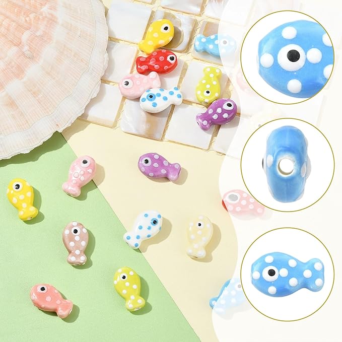 20Pcs Polka Dot Fish Ceramic Porcelain Beads for Jewelry Making 10 Colors Ocean Sea Beach Animal Spacer Beads for DIY Necklaces Earrings Bracelets Keychains Jewelry Findings Accessories