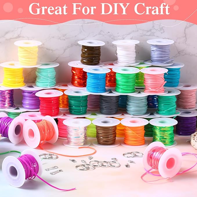 Lanyard String Kit 48 Rolls Gimp Plastic Lanyard String for Bracelets Keychain DIY Crafts with Key Chain Rings, Snap Clips, Open Rings, Lobster Clips Gimp Bracelet Making Kit(11 Yards)