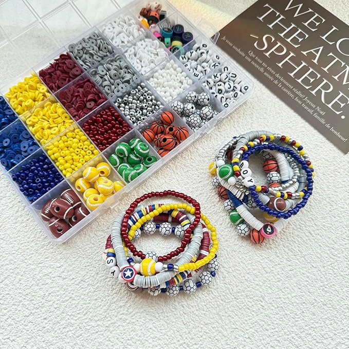3950PCS Sports Ball Beads for Jewelry Making, Acrylic Clay Beads for Bracelets Volleyball Softball Football Baseball Basketball Soccer Bead with Letter Bead for DIY Crafts