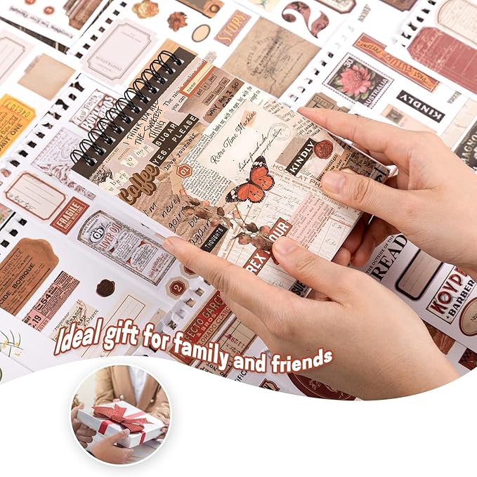 RISYPISY Pre-Cut Vintage Sticker Book for Scrapbooking - 622PCS Journaling Dark Academia Washi Stickers, Ephemera for Junk Journal Supplies 50 Sheets Orange Sticker for Journaling