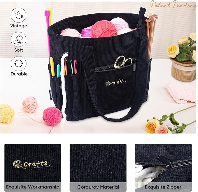 Crochet Bag and Tote - Corduroy Yarn Bag - Yarn Holder for Crocheting - Crochet Storage Bag for Crochet Hooks, Crochet Accessories, Knitting Bag for Crochet Lovers, Mom Gift