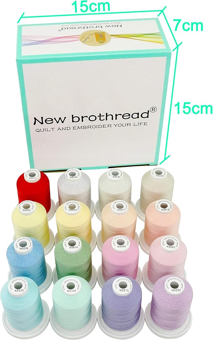 New brothread - 18 Options - Multi-Purpose 100% Mercerized Cotton Threads 50S/3 600M(660Y) Each Spool for Quilting, Serger, Sewing and Embroidery - 16 Pastel Colors