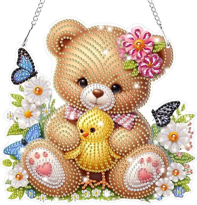 Bowetile Bear and Chick Diamond Art Hanging Kits for Adults, 5D Special Shape Diamond Painting Window Pendant Kits, Animal Gem Art Suncatchers Ornament for Home Garden Wall Decor