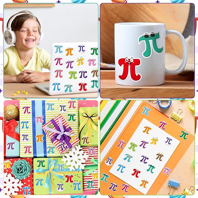 beyumi pi day sticker roll - 1000pcs cute pi day math themed stickers in 2 rolls waterproof vinyl cute π math symbol with funny expression decals for gifts party favor envelopes bottle decor for kids