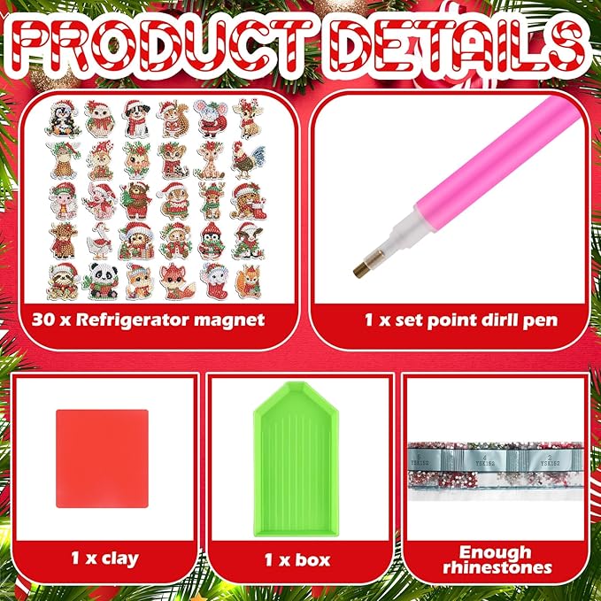 Xuhal 30 Pcs Christmas Diamond Painting Magnets Christmas Animal Diamond Art Magnet Kits for Adults Cute 5D Rhinestone Xmas Santa Hats Animal Refrigerator Magnetic Sticker for DIY Craft Fridge Gifts