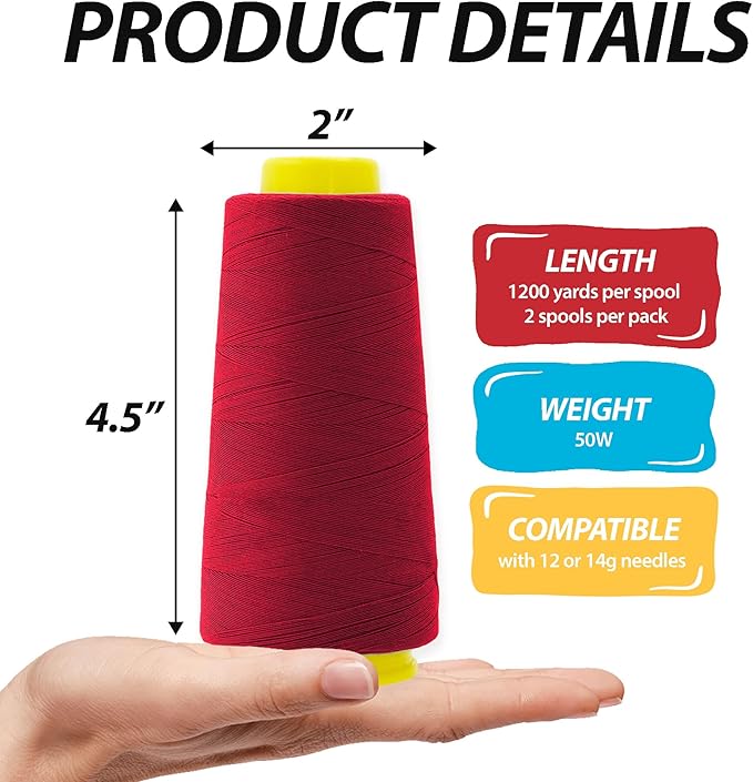 Mandala Crafts Maroon Thread Cones for Machine and Hand Quilting - 2400 Yds 50 WT Multiple Purpose Mercerized 100% Cotton Threads for Sewing Machine Serger Embroidery