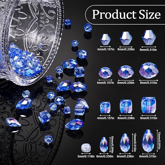 Song Xi 1500PCS Glass Beads for Jewelry Making, Assorted Faceted Crystal Beads Kit for Bracelet Earring Necklace, for DIY Clear and Iridescent Christmas Gift (AB Lake Blue) ﻿ ﻿