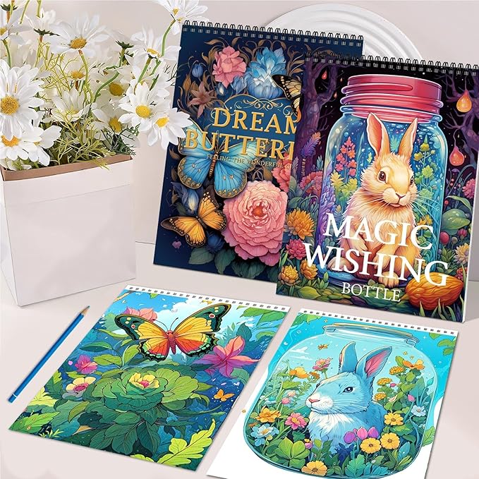 2Pcs Coloring Books for Adults Relaxation Coloring Book for Women Spiral Bound Printed On One Side Fun Magic Coloring Book(Magic Wishing & Dream Butterfly)