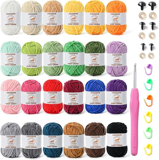 24 Pack Fluffy Velvet Yarn for Crocheting, Chunky Chenille Baby Yarn for Crocheting Soft Blanket, 1575 yds Amigurumi Yarns for Knitting, Bulky Multicolored Crochet Yarns Set A