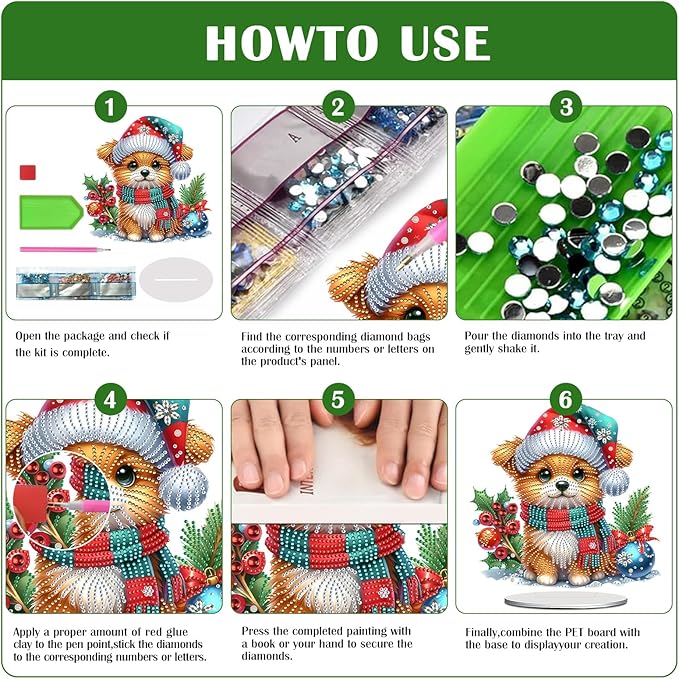 LAKEQUILL Christmas Diamond Painting Kits, Tabletop Ornament, Stand Up Diamond Art Desktop Kits for Home Office Decor, New Year Gift - Christmas Dog