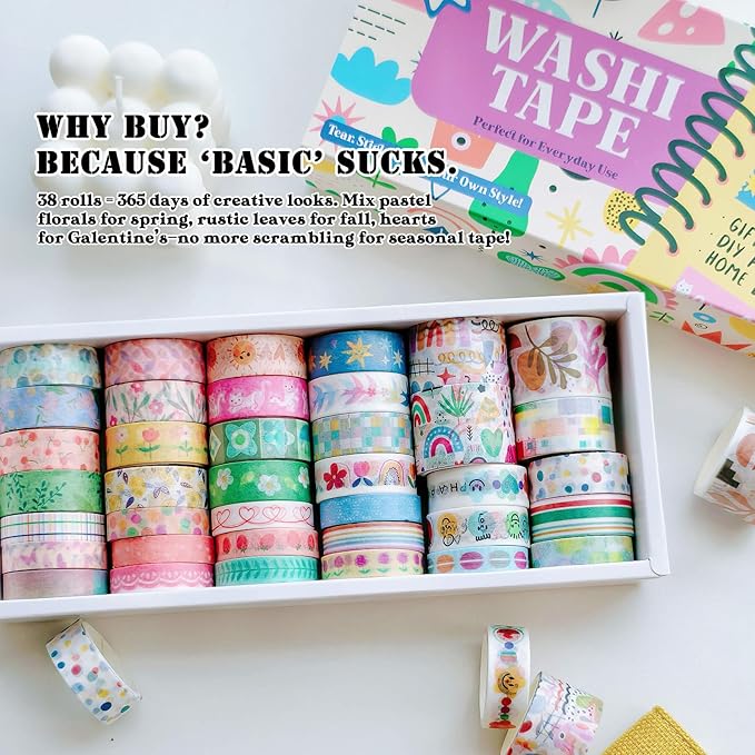 Washi Tape Set (38 Rolls) - Floral Scrapbooking Supplies Kit with Ephemera & Stickers for Junk Journal, Bible Study, Bullet Journaling Craft Projects
