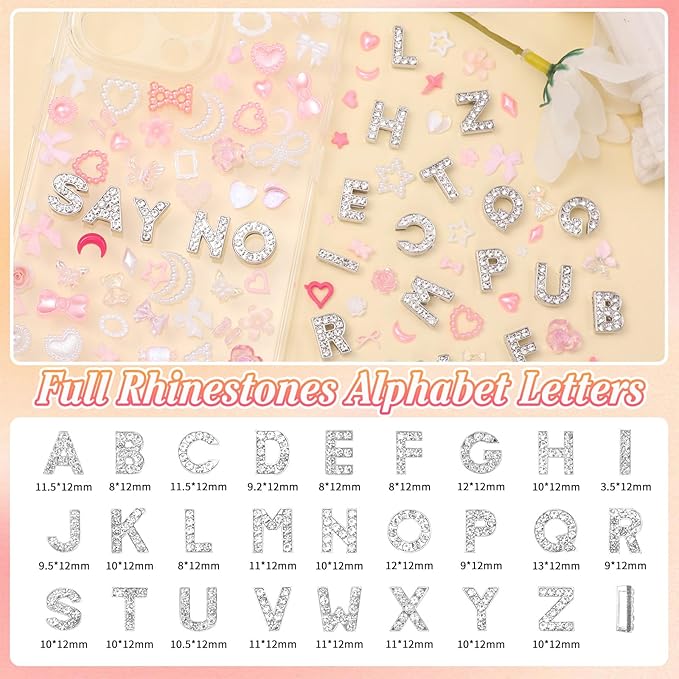 330 Pcs Junk Phone Case Charms 26 Pcs A-Z Rhinestone Alphabet Letter Charm, Mix Pink Color White Flower Bow Heart Pearls Flatback Resin Charms Letter Junk Cases Kit for DIY Crafts
